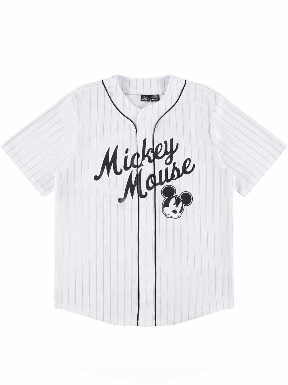 Disney White Pinstripe Mickey Mouse Baseball Jersey with Black Script